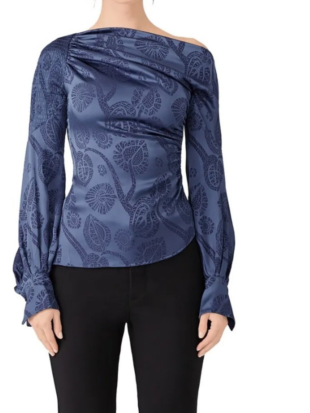 Peter Pilotto One-Shoulder Navy Floral Jacquard Blouse 8